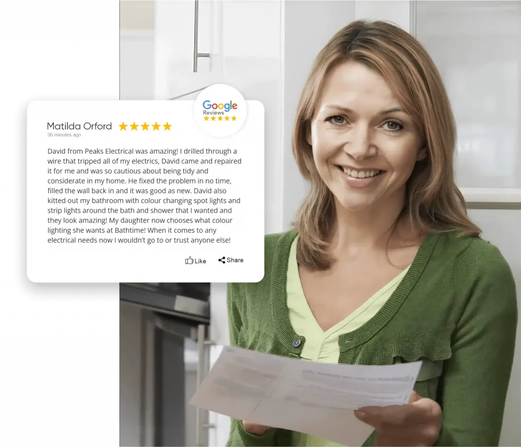 Happy customer giving a five-star Google review after EV charger installation by Peaks Electrical in Bath