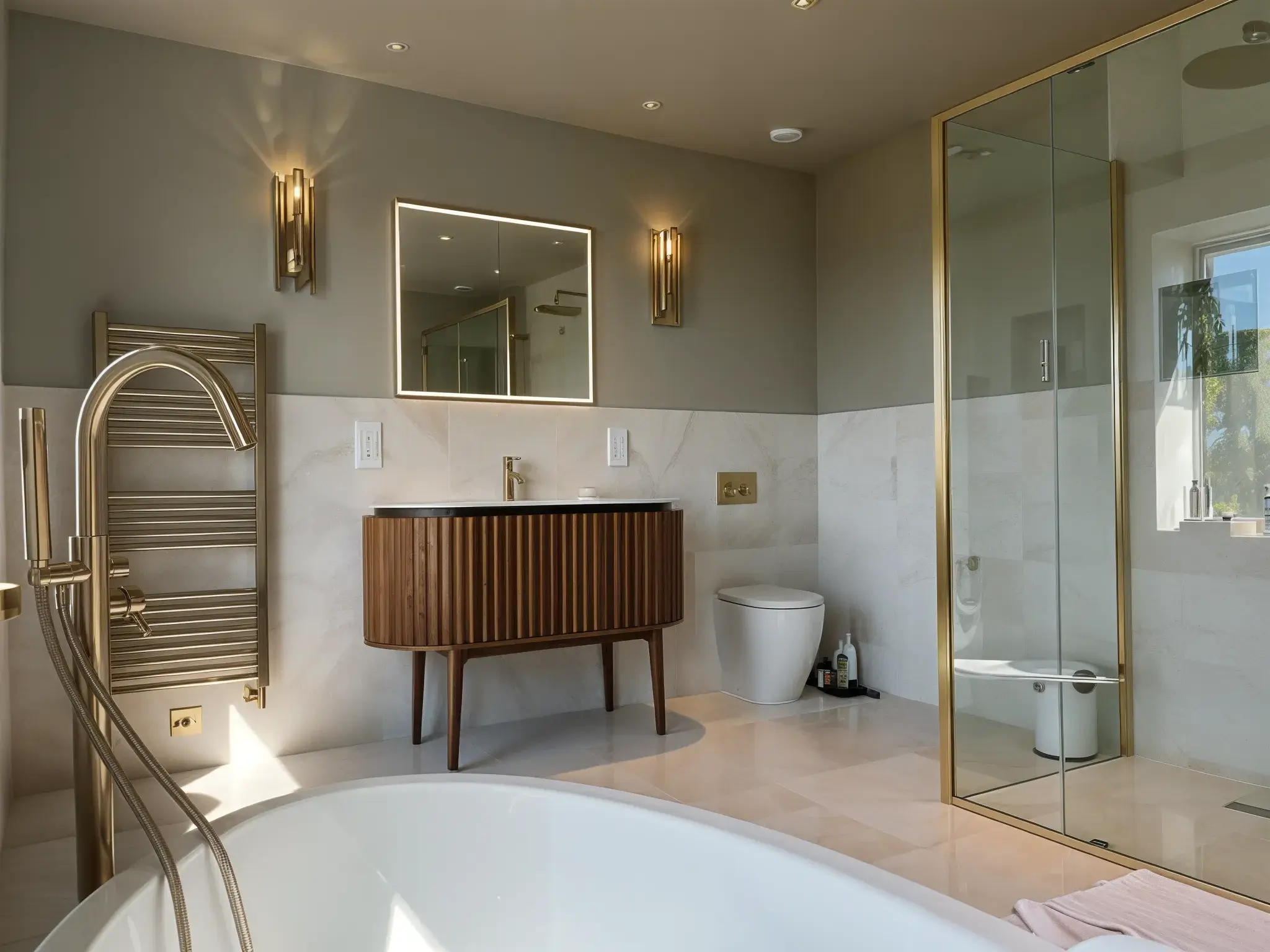 Luxury bathroom lighting installation in Bath featuring LED downlights, mirror lighting, and wall-mounted fixtures installed by Peaks Electrical.